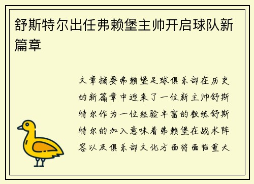 舒斯特尔出任弗赖堡主帅开启球队新篇章